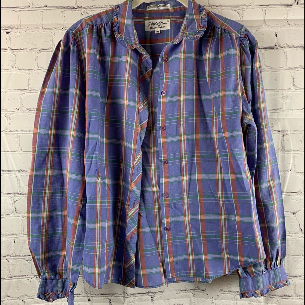 VINTAGE Shirt Button-down Blue with Red&Green Stripes